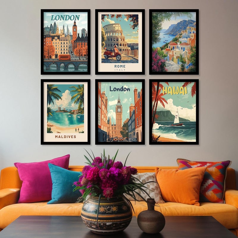 Kotart Retro Travel Theme City Vibes Wall Decor Photo Frames Modern Art City Vibes Wall Decor Photo Frames Wall Poster with Frame for Room Office Living Room Hotel Home Dcor Set of 6 Art 1 10x13 inch Framed - Image 3