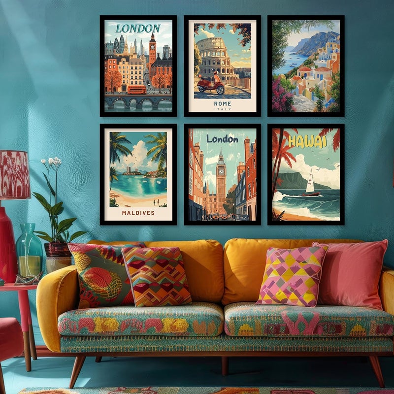 Kotart Retro Travel Theme City Vibes Wall Decor Photo Frames Modern Art City Vibes Wall Decor Photo Frames Wall Poster with Frame for Room Office Living Room Hotel Home Dcor Set of 6 Art 1 10x13 inch Framed - Image 1