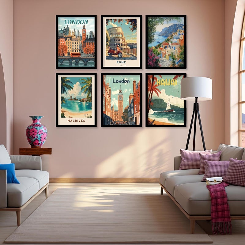Kotart Retro Travel Theme City Vibes Wall Decor Photo Frames Modern Art City Vibes Wall Decor Photo Frames Wall Poster with Frame for Room Office Living Room Hotel Home Dcor Set of 6 Art 1 10x13 inch Framed - Image 4