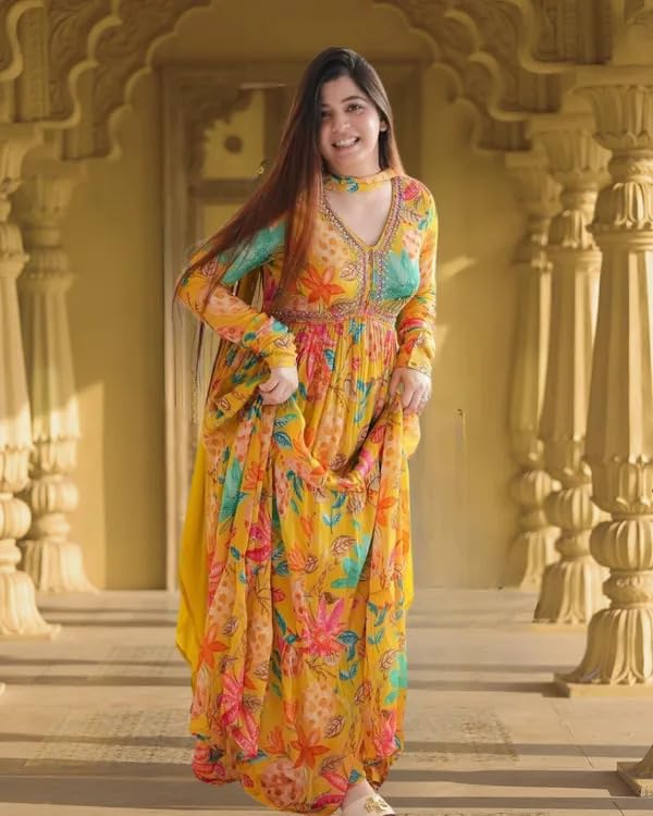 KD Womens Georgette Floral Printed Kurta Pant Set with Dupatta Anarkali Kurta Kurti (Small, Yellow) - Image 5