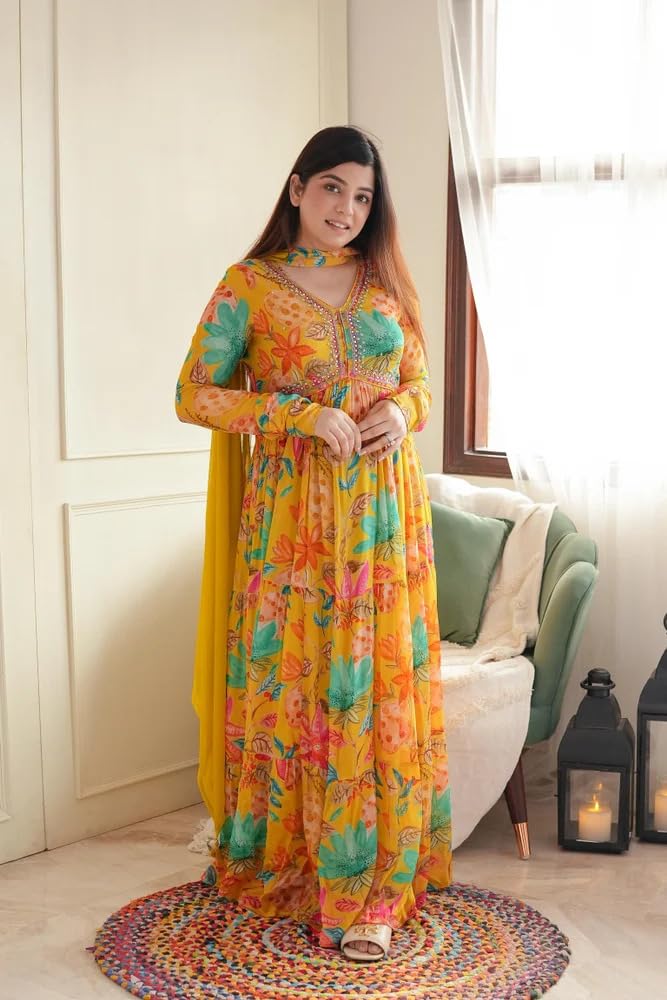 KD Womens Georgette Floral Printed Kurta Pant Set with Dupatta Anarkali Kurta Kurti (Small, Yellow) - Image 4