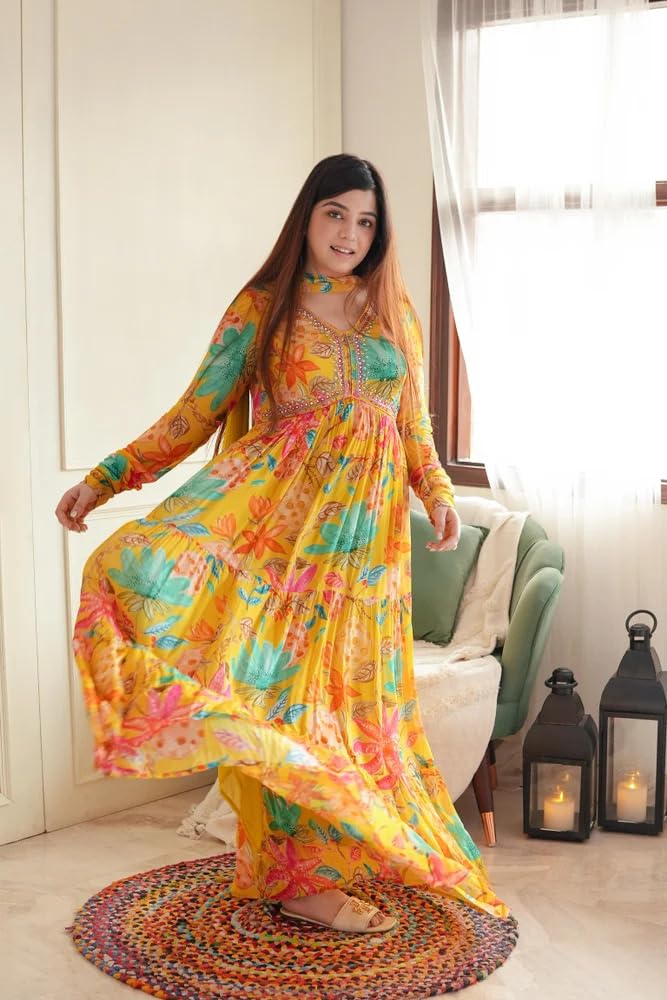 KD Womens Georgette Floral Printed Kurta Pant Set with Dupatta Anarkali Kurta Kurti (Small, Yellow) - Image 3