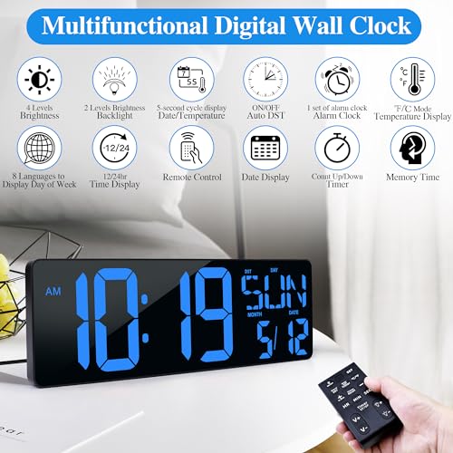 CYMHCHL Large Digital Wall Clock with Remote Control 17.2" LED Large Display Timer with Temperature Date Week Auto DST Adjustable Brightness, Big Wall Alarm Clock for Living Room Office Garage Gym Seniors - Image 3
