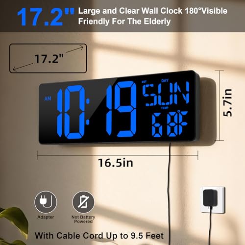 CYMHCHL Large Digital Wall Clock with Remote Control 17.2" LED Large Display Timer with Temperature Date Week Auto DST Adjustable Brightness, Big Wall Alarm Clock for Living Room Office Garage Gym Seniors - Image 2