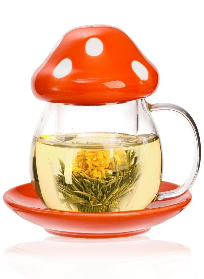 Acshio Mushroom Tea Cup, 11 Oz Cute Glass Cup with Tea Infuser and Lid, Heat Resistant Kawaii Mushroom Mug Set Coffee Teapot with Ceramic Coasters, Perfect for Mother's Day Birthday Gift, Orange - Image 1