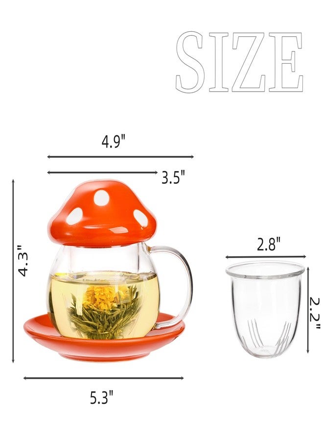 Acshio Mushroom Tea Cup, 11 Oz Cute Glass Cup with Tea Infuser and Lid, Heat Resistant Kawaii Mushroom Mug Set Coffee Teapot with Ceramic Coasters, Perfect for Mother's Day Birthday Gift, Orange - Image 2