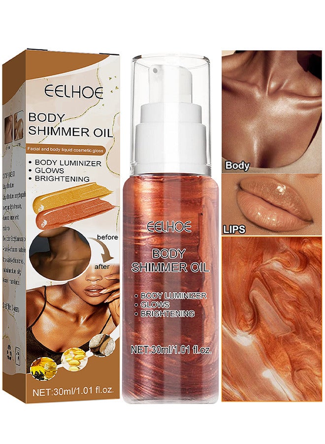 EELHOE Body Shimmer Oil Liquid Easy To Push Away Natural Moisture Glitter Face Brightening Glow Pearl Highlighter Illuminator Shine Contouring Makeup For Face And Body 30ML (Golden Brown) - Image 1