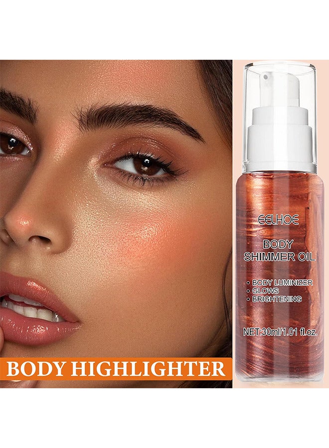 EELHOE Body Shimmer Oil Liquid Easy To Push Away Natural Moisture Glitter Face Brightening Glow Pearl Highlighter Illuminator Shine Contouring Makeup For Face And Body 30ML (Golden Brown) - Image 2