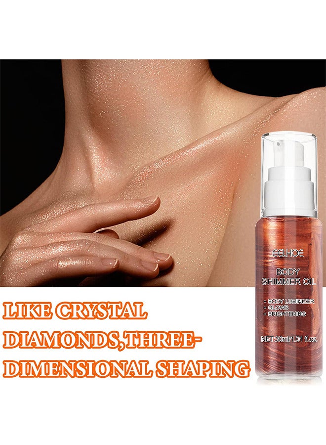 EELHOE Body Shimmer Oil Liquid Easy To Push Away Natural Moisture Glitter Face Brightening Glow Pearl Highlighter Illuminator Shine Contouring Makeup For Face And Body 30ML (Golden Brown) - Image 5
