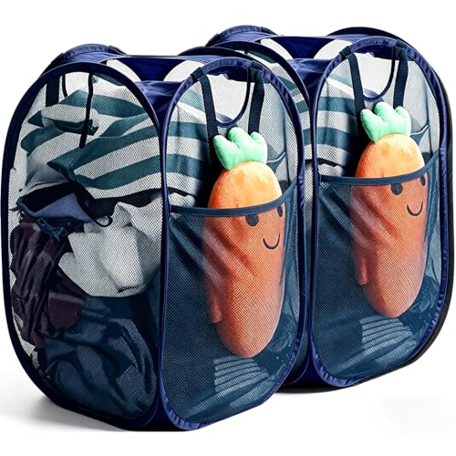 HOUSE AGAIN 2 Pcs Pop Up Laundry Hamper, Strong Mesh Laundry Baskets Collapsible, Hamper with Handles and Side Pocket, Portable Foldable Dirty Clothes for Dorm, Laundry room and Travel Storage, Blue - Image 1