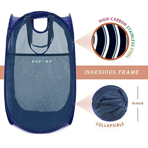 HOUSE AGAIN 2 Pcs Pop Up Laundry Hamper, Strong Mesh Laundry Baskets Collapsible, Hamper with Handles and Side Pocket, Portable Foldable Dirty Clothes for Dorm, Laundry room and Travel Storage, Blue - Image 3