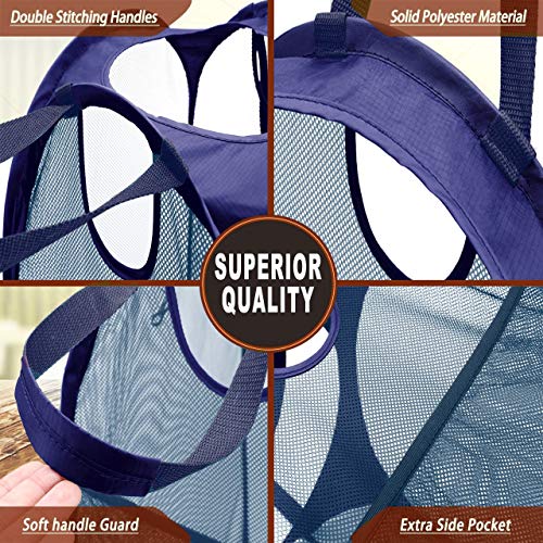 HOUSE AGAIN 2 Pcs Pop Up Laundry Hamper, Strong Mesh Laundry Baskets Collapsible, Hamper with Handles and Side Pocket, Portable Foldable Dirty Clothes for Dorm, Laundry room and Travel Storage, Blue - Image 5