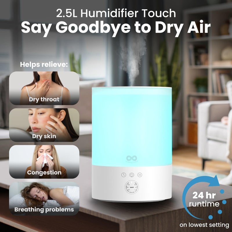 Everlasting Comfort مرطب هواء إيفرلاستينغ كومفورت سعة 2.5 لتر للتعبئة العلوية للغرفة - هادئ، سهل التعبئة والتنظيف، يعمل لمدة 24 ساعة، أضواء ليلية، مؤقت، رذاذ بارد فوق صوتي، إيقاف تشغيل تلقائي، موزع زيوت عطرية - أبيض - Image 2