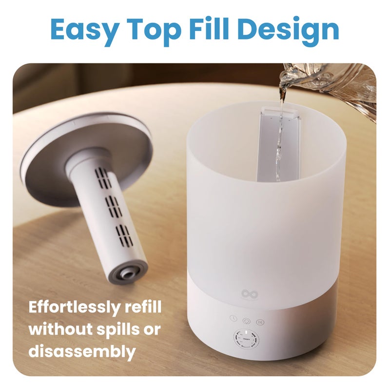 Everlasting Comfort مرطب هواء إيفرلاستينغ كومفورت سعة 2.5 لتر للتعبئة العلوية للغرفة - هادئ، سهل التعبئة والتنظيف، يعمل لمدة 24 ساعة، أضواء ليلية، مؤقت، رذاذ بارد فوق صوتي، إيقاف تشغيل تلقائي، موزع زيوت عطرية - أبيض - Image 4