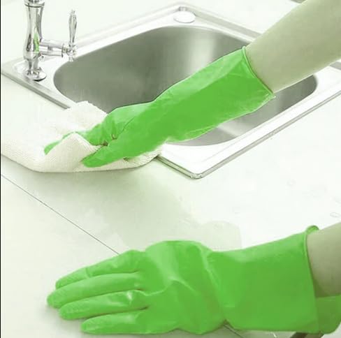 Veltrix Reusable Flocklined Rubber Hand Gloves Medium Size 1112 inch Color Green Set of 3 Pairs - Image 3
