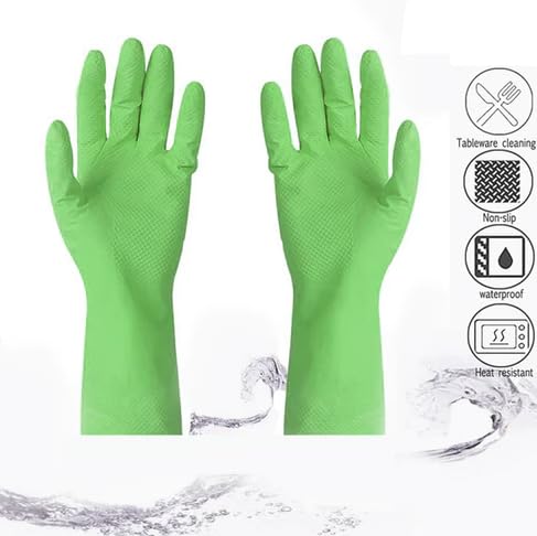 Veltrix Reusable Flocklined Rubber Hand Gloves Medium Size 1112 inch Color Green Set of 3 Pairs - Image 4