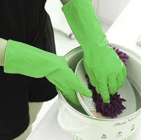 Veltrix Reusable Flocklined Rubber Hand Gloves Medium Size 1112 inch Color Green Set of 3 Pairs - Image 2
