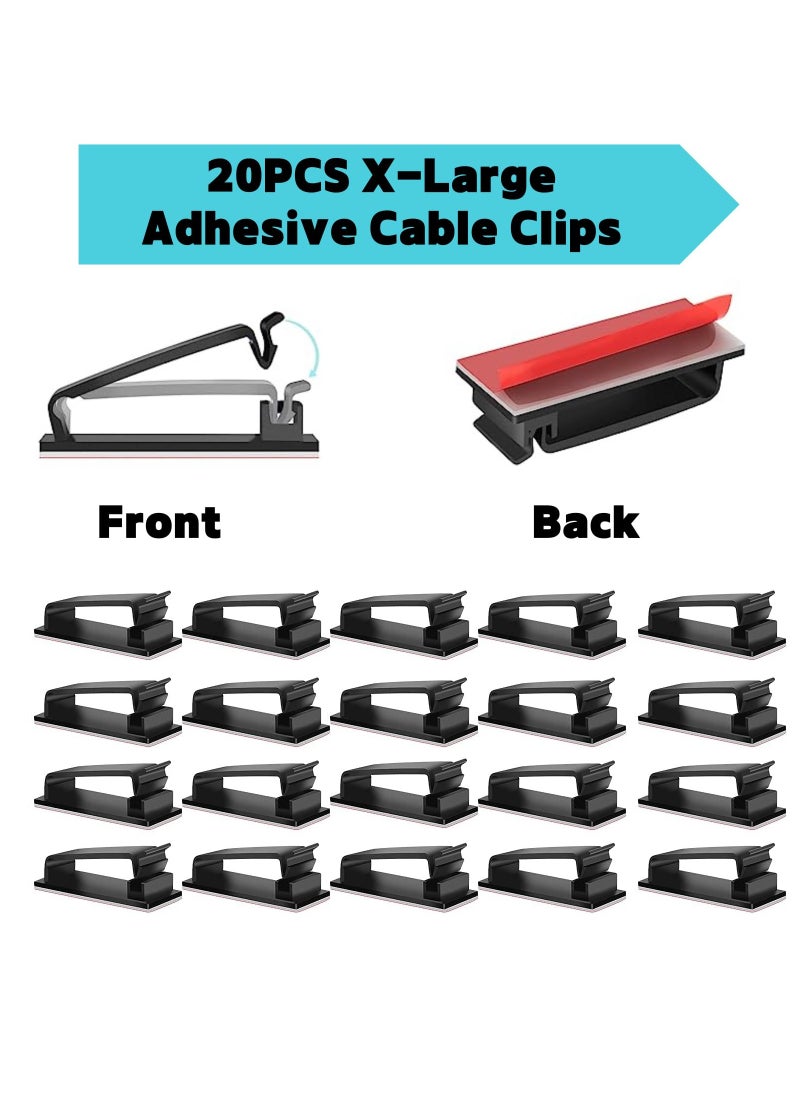 Alruht - 20-Piece Cable Management Clips, Large Clips for Under Desk Wire Management, Adhesive Organizer Multiple Cord, Computer/PC, Network, TV, Ethernet, Electric Wires, Black - Image 1