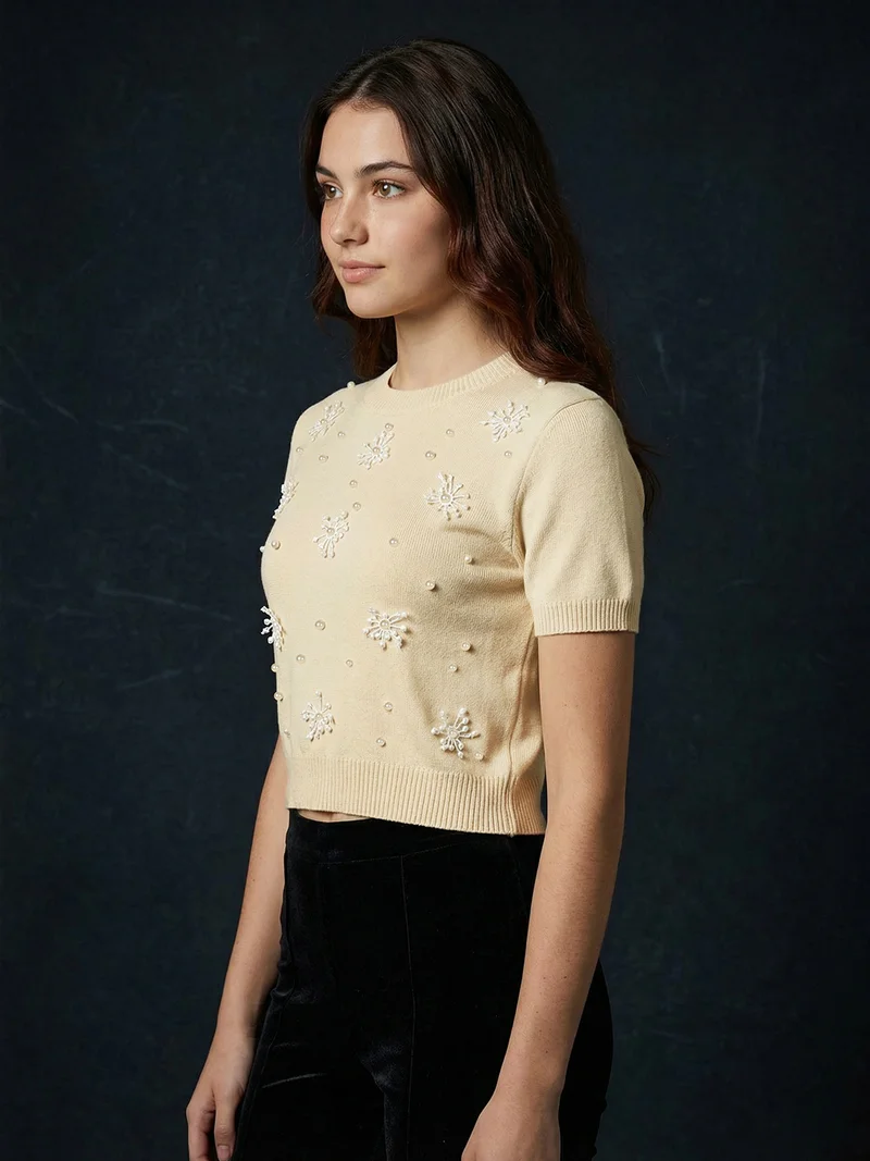 globus Globus Women Beige Round Neck Short Sleeves Embroidered & Pearl Embellished Party Top