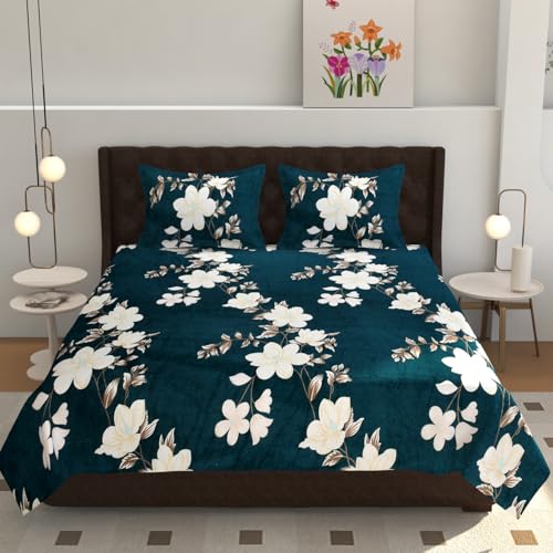 TIB 155 TC Premium Flannel Warm bedsheet for Double Bed 90x100 Inch with 2 Pillow Covers, (Flower Green) - Image 1