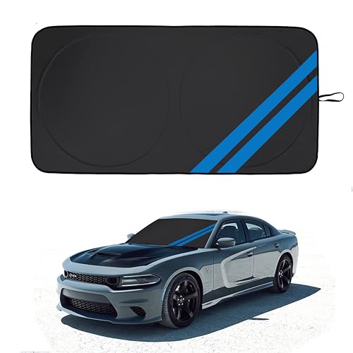 YOSRTER Front Windshield Sun Shade Fit for Dodge Charger Challenger Durango Journey Universal Fit to All Dodge Cars Foldable Sun Visor Protector Custom Fit Dodge Window Sunhade (Black Blue) - Image 1