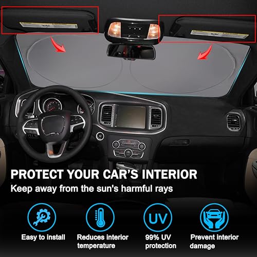 YOSRTER Front Windshield Sun Shade Fit for Dodge Charger Challenger Durango Journey Universal Fit to All Dodge Cars Foldable Sun Visor Protector Custom Fit Dodge Window Sunhade (Black Blue) - Image 4