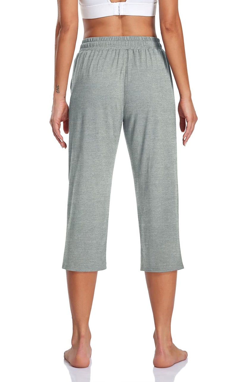 TARSE Womens Capri Pants Stretch Yoga Athletic Gym Capris Sweatpants Comfy Elastic Waist Work Crop Pants Pockets (Heather Lightgray,XL), Soft - Image 3