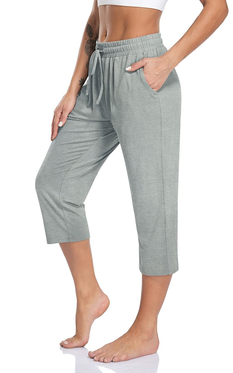 TARSE Womens Capri Pants Stretch Yoga Athletic Gym Capris Sweatpants Comfy Elastic Waist Work Crop Pants Pockets (Heather Lightgray,XL), Soft - Image 5