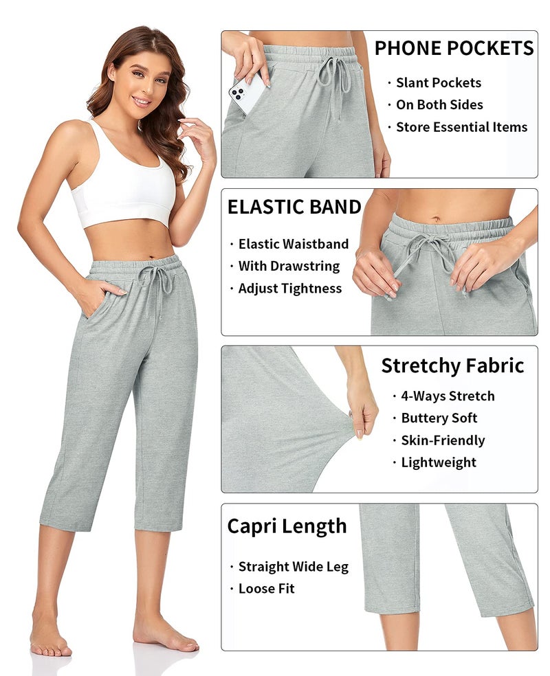 TARSE Womens Capri Pants Stretch Yoga Athletic Gym Capris Sweatpants Comfy Elastic Waist Work Crop Pants Pockets (Heather Lightgray,XL), Soft - Image 4