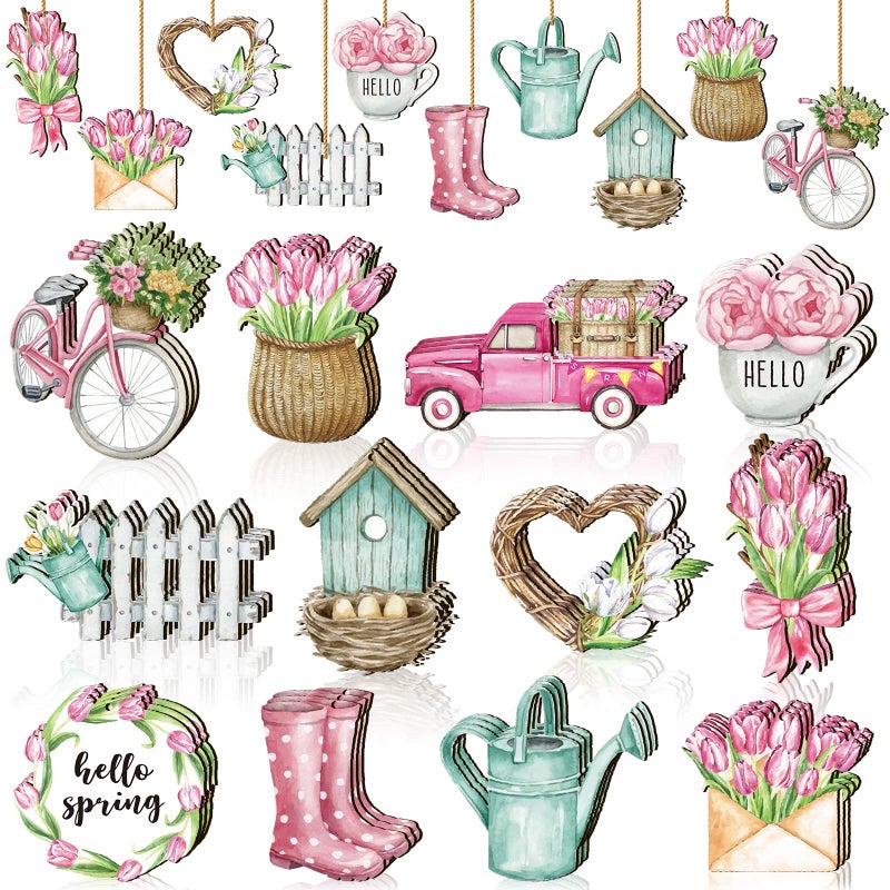 Maitys 36 Pcs Spring Flower Wooden Ornaments Sunflower Tulip Lavender Ornaments Spring Tree Decoration Floral Gnome Hanging Wood Cutout Pastel Spring Decor for Home Small Tree Party(Sweet Spring) - Image 1