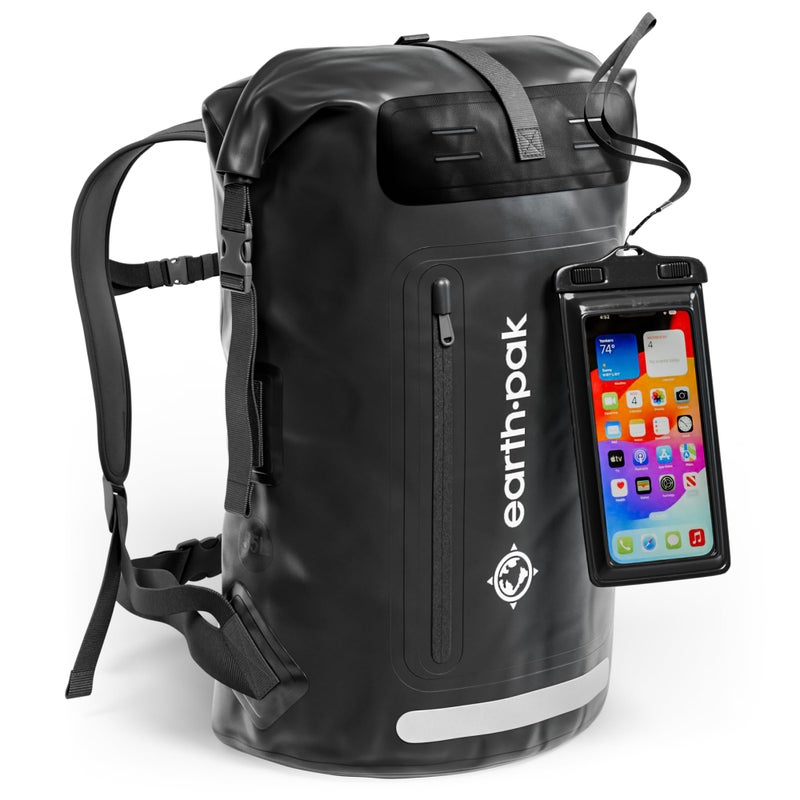 Earth Pak Waterproof Backpack - Heavy Duty Hiking Backpack - Roll-Top Closure - Waterproof Bag - Cushioned Dry Bags Waterproof w/ IPX8 Waterproof Phone Case - Wet Bag for Hiking, Kayak (Black, 55L) - Image 1