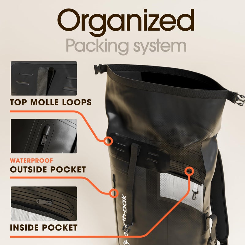 Earth Pak Waterproof Backpack - Heavy Duty Hiking Backpack - Roll-Top Closure - Waterproof Bag - Cushioned Dry Bags Waterproof w/ IPX8 Waterproof Phone Case - Wet Bag for Hiking, Kayak (Black, 55L) - Image 5