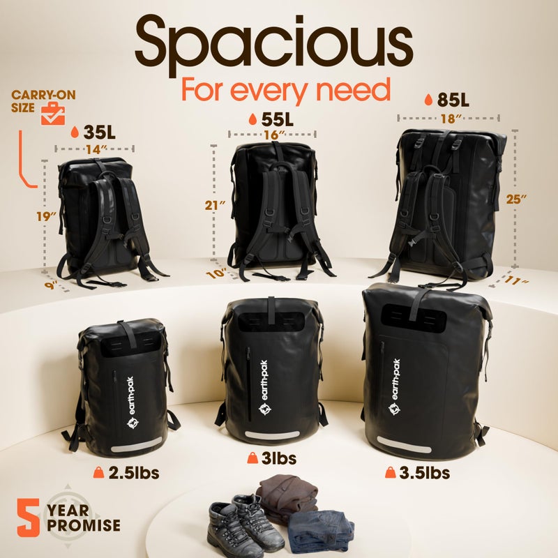 Earth Pak Waterproof Backpack - Heavy Duty Hiking Backpack - Roll-Top Closure - Waterproof Bag - Cushioned Dry Bags Waterproof w/ IPX8 Waterproof Phone Case - Wet Bag for Hiking, Kayak (Black, 55L) - Image 2