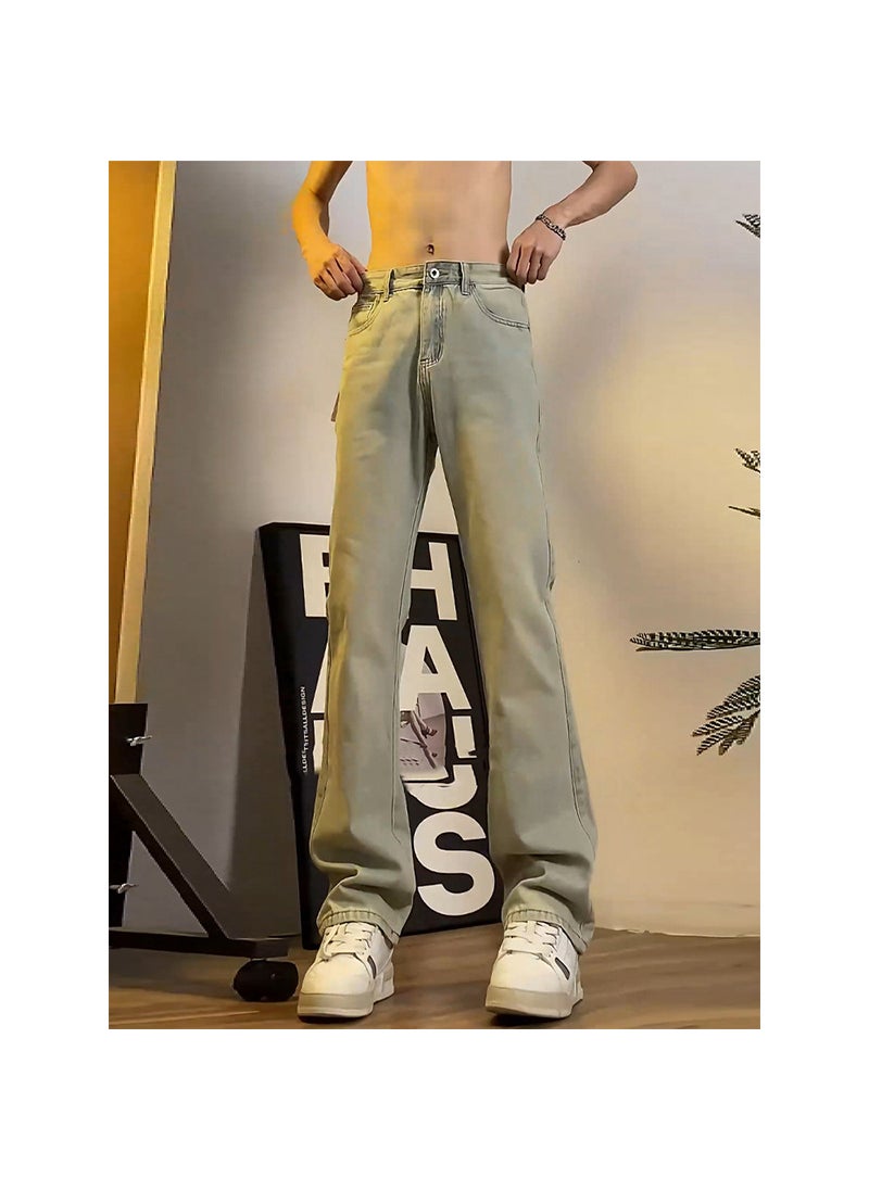 Generic All-Match Machete Micro Jeans Mens Summer Lacquer Pants American Style High Street Slim-Fit Slimming Straight Pants Yellow mud color [slightly flared pants type] 