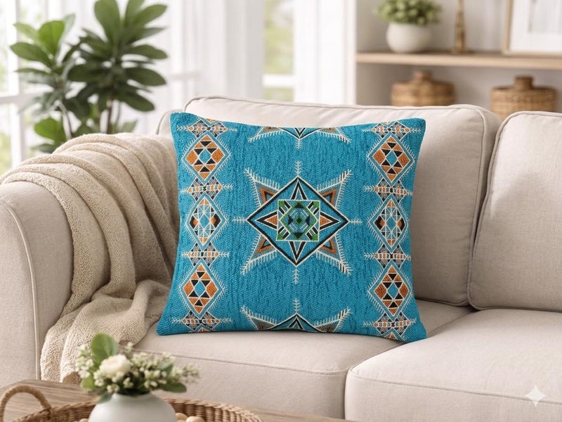 Boho Kilim Woven Cushion Cover – Geometric Tribal Decorative Pillow Case – Ethnic Bohemian Sofa Throw Pillow Cover for Living Room Bedroom Decor (Blue)