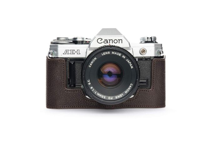 BolinUS A-1 Case, Bolinus Handmade Genuine Real Leather Half Camera Case Bag Cover For Canon Ae-1 A-1 (No Handle) Camera With Hand Strap (Coffee) - Image 1