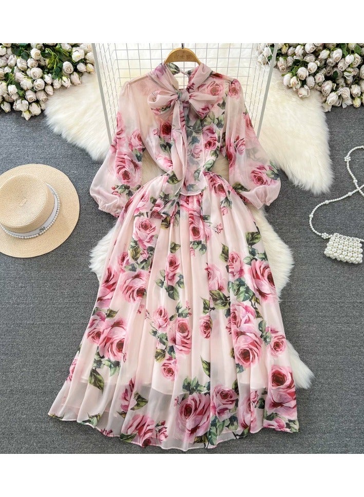 KUYING Seven Quarter Sleeve Bow Tie Waist Cinching A-Line Printed Chiffon Dress  - Image 1