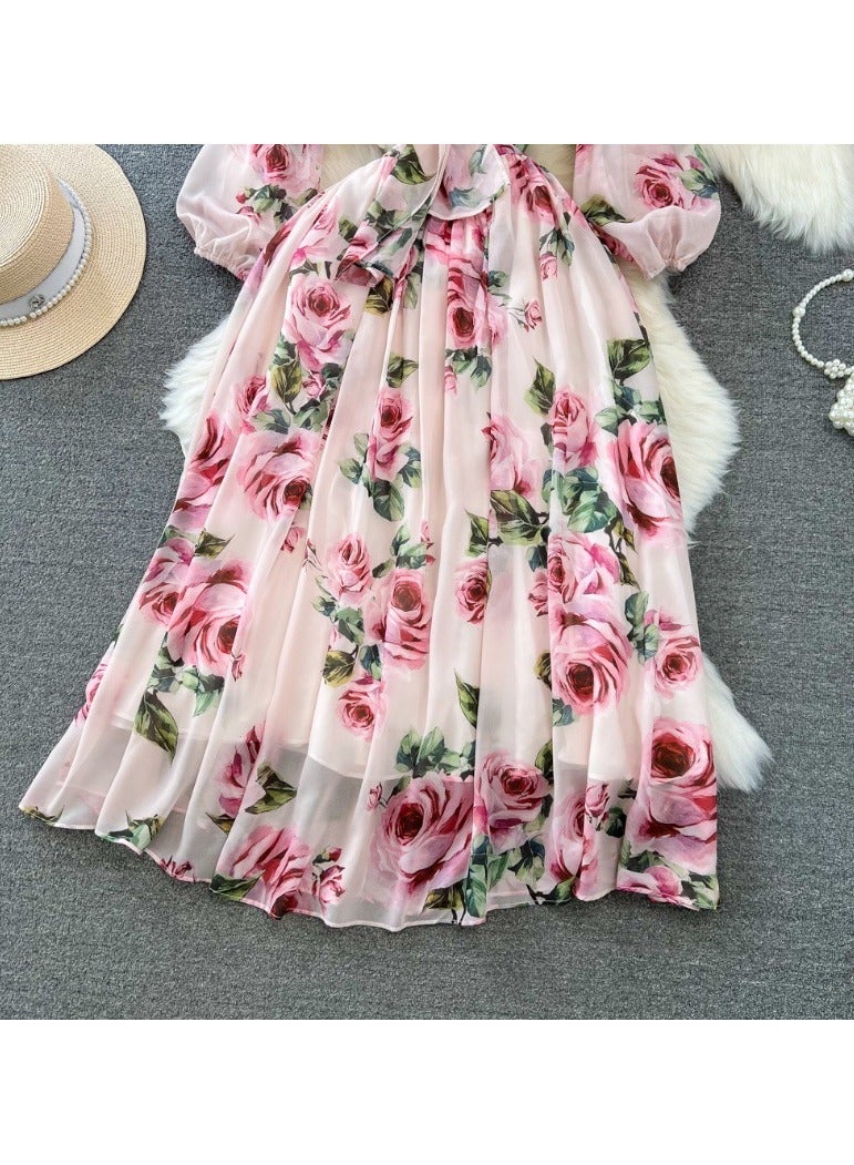 KUYING Seven Quarter Sleeve Bow Tie Waist Cinching A-Line Printed Chiffon Dress  - Image 3