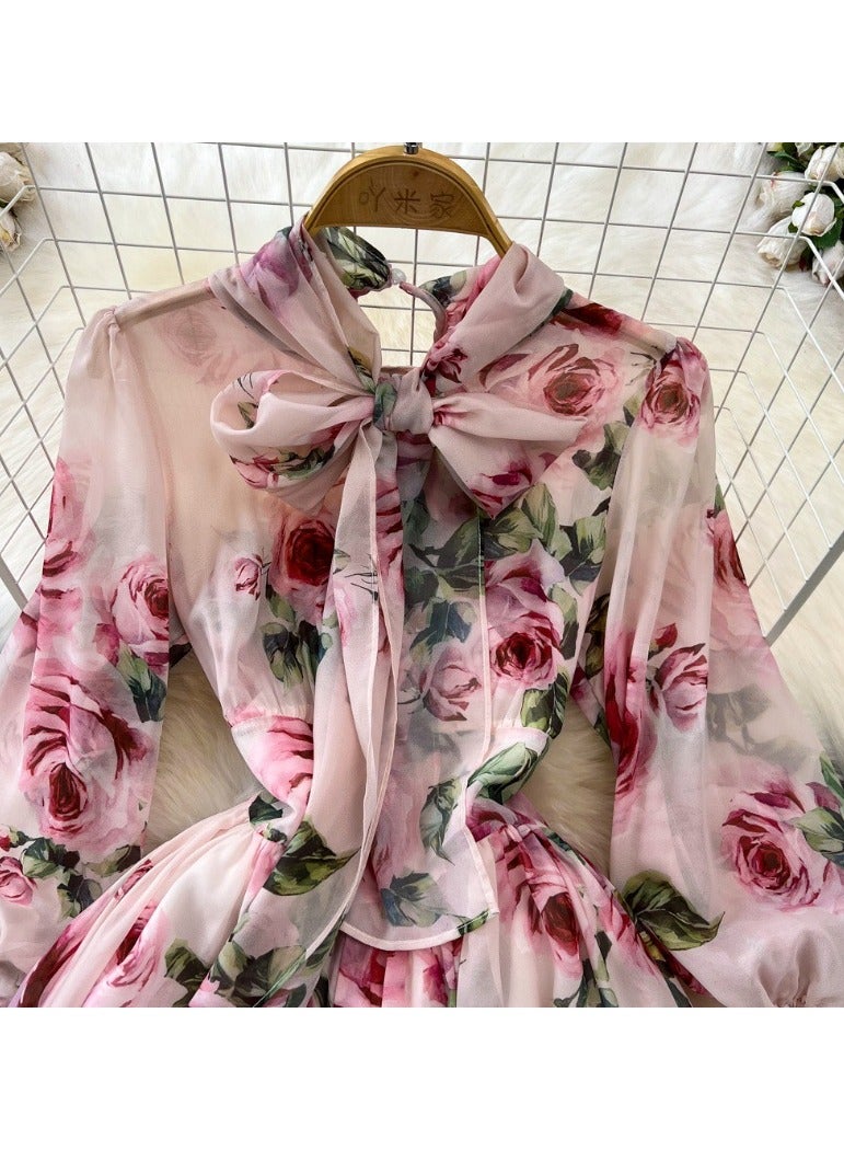 KUYING Seven Quarter Sleeve Bow Tie Waist Cinching A-Line Printed Chiffon Dress  - Image 2