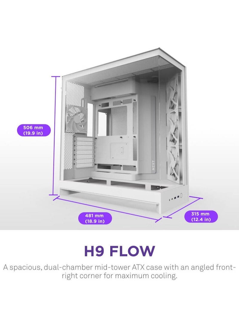 NZXT H9 Flow Dual-Chamber ATX Mid-Tower Case High-Airflow Design with Panoramic Tempered Glass, Supports Dual 360mm Radiators, Up to 10 Fans, E-ATX Compatibility, White | CM-H92FW-01  - Image 2