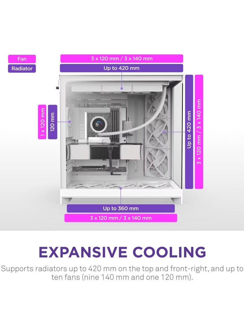 NZXT H9 Flow Dual-Chamber ATX Mid-Tower Case High-Airflow Design with Panoramic Tempered Glass, Supports Dual 360mm Radiators, Up to 10 Fans, E-ATX Compatibility, White | CM-H92FW-01  - Image 4