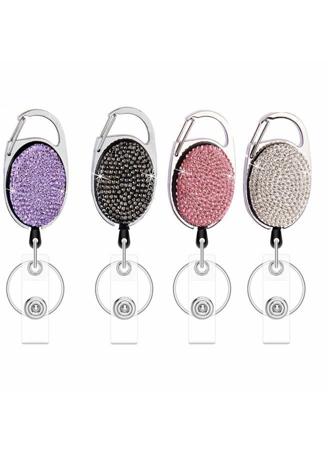 WedFeir Retractable Badge Holders with Bling Rhinestones Crystal, Badge Reel with Belt Clip and Key Ring, 24 inches Thick Kevlar Pull Cord. (4pcs- Silver, Black, Pink and Purple) - Image 1
