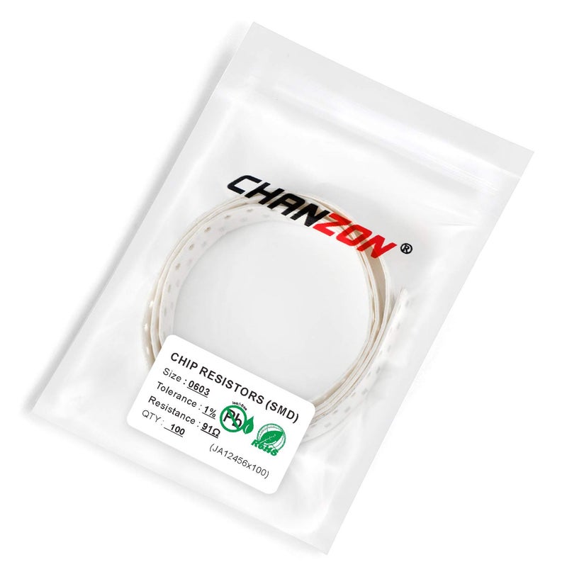 CHANZON 100 قطعة 0603 مقاومة SMD 91 Ω أوم 1/10 واط 0.1 واط ±1% تحمل فيلم سميك 91R مقاومات SMT معتمدة من روهس - Image 3
