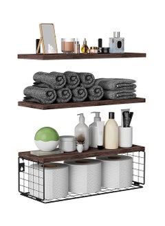XiuWoo Floating Shelves Wall Mounted Set of 3, Rustic Wood Bathroom Shelves Over Toilet with Paper Storage Basket, Floating Shelf for Kitchen Living Room,Bedroom Shelves,Bathroom Shelf  - Image 1