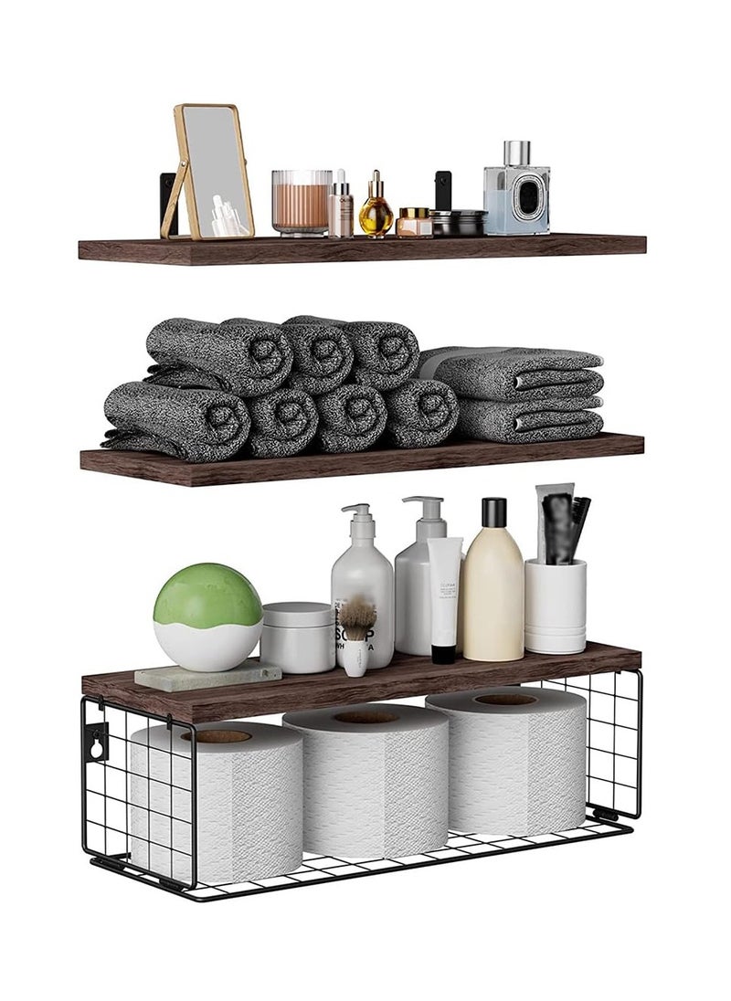 XiuWoo Floating Shelves Wall Mounted Set of 3, Rustic Wood Bathroom Shelves Over Toilet with Paper Storage Basket, Floating Shelf for Kitchen Living Room,Bedroom Shelves,Bathroom Shelf  - Image 1