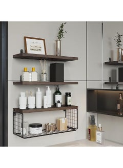 XiuWoo Floating Shelves Wall Mounted Set of 3, Rustic Wood Bathroom Shelves Over Toilet with Paper Storage Basket, Floating Shelf for Kitchen Living Room,Bedroom Shelves,Bathroom Shelf  - Image 2