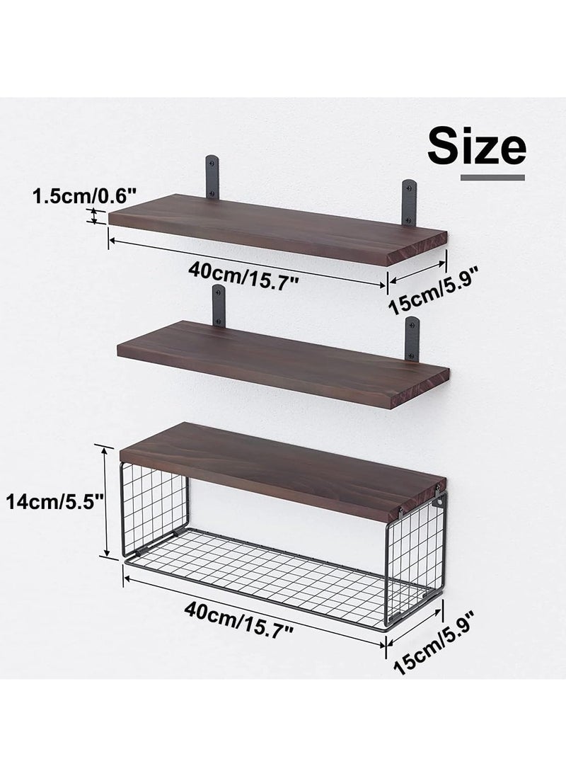 XiuWoo Floating Shelves Wall Mounted Set of 3, Rustic Wood Bathroom Shelves Over Toilet with Paper Storage Basket, Floating Shelf for Kitchen Living Room,Bedroom Shelves,Bathroom Shelf  - Image 3