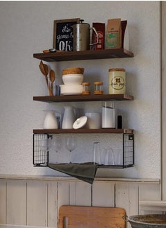 XiuWoo Floating Shelves Wall Mounted Set of 3, Rustic Wood Bathroom Shelves Over Toilet with Paper Storage Basket, Floating Shelf for Kitchen Living Room,Bedroom Shelves,Bathroom Shelf  - Image 5