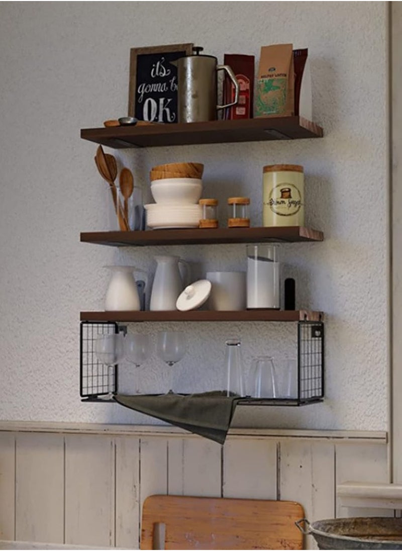 XiuWoo Floating Shelves Wall Mounted Set of 3, Rustic Wood Bathroom Shelves Over Toilet with Paper Storage Basket, Floating Shelf for Kitchen Living Room,Bedroom Shelves,Bathroom Shelf  - Image 5