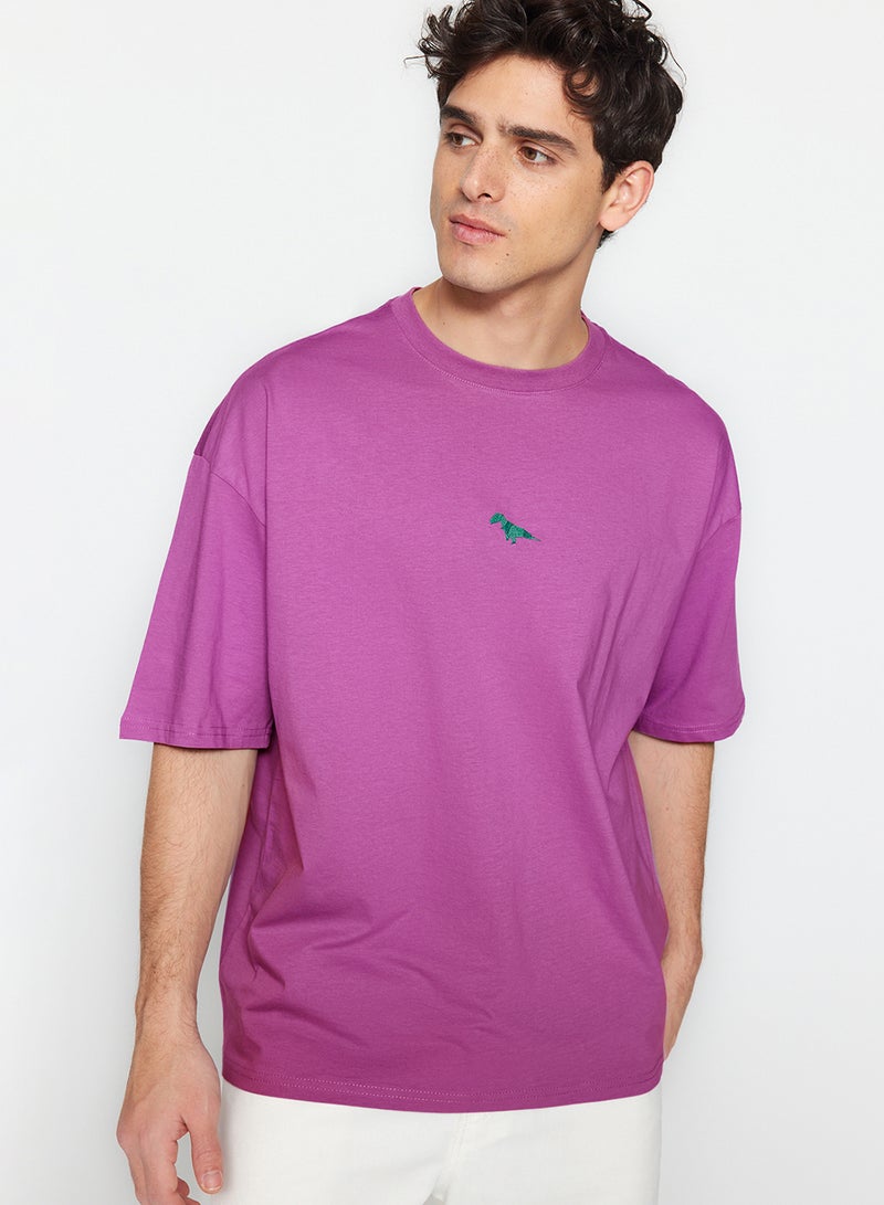 trendyol Plum Oversized /Wide Cut Dinosaur Embroidered Short Sleeve 100% Cotton T-Shirt Tmnss23Ts00243 - Image 5